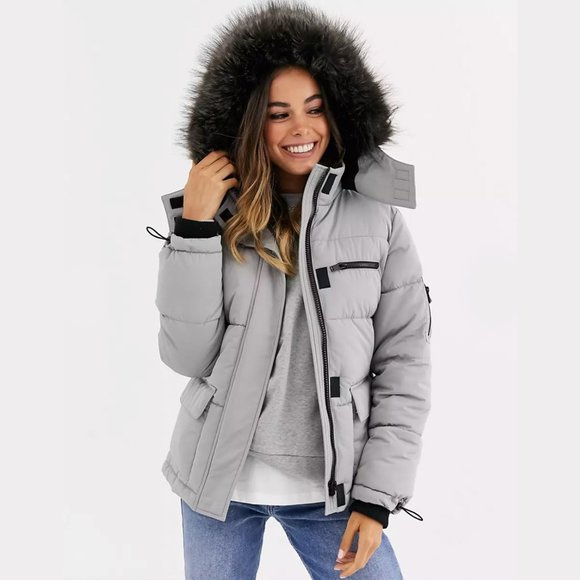 ASOS Jackets & Blazers - Grey Puffy Parka with Fur Hood Trim | Size S